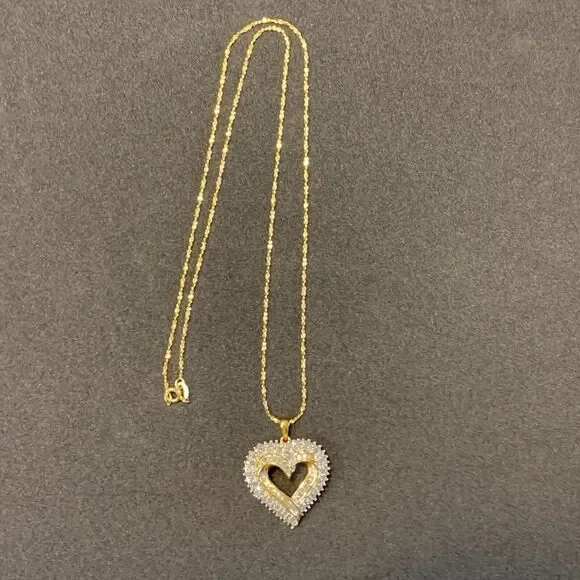 JWBR Diamond Open Heart Necklace Pave Cluster Gold Over .925 Silver Anniversary - Picture 3 of 12